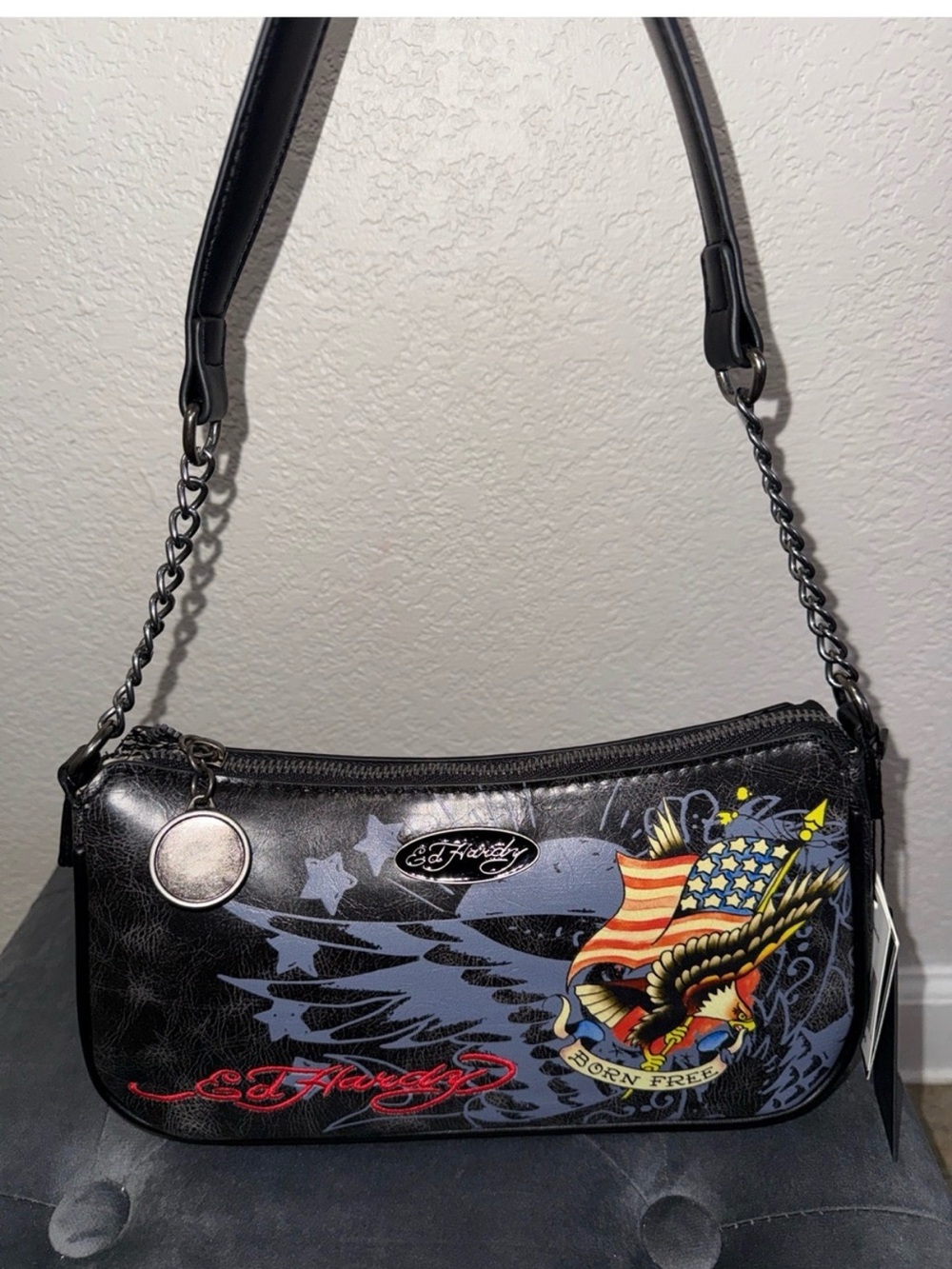 Ed Hardy Black Shoulder Bag with Patriotic Eagle Graphic